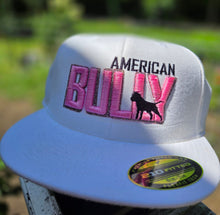 Load image into Gallery viewer, White embroidered American Bully fitted cap with pink lettering