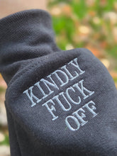Load image into Gallery viewer, Close-up of KINDLY FUCK OFF embroidery on sleeve