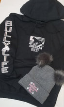 Load image into Gallery viewer, Hoodie: American Bully Flag with Bully Life Arm (Multi Color Sparkle Fill & Pink Embroidery)