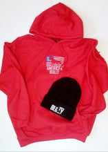 Load image into Gallery viewer, Hoodie: American Bully Flag Logo: White and Blue Stitching (Red Hoodie)