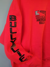 Load image into Gallery viewer, Hoodie: American Bully Flag with Bully Life Arm (Black & Grey Stitching with Black Arm SOLID COLOR Fill)