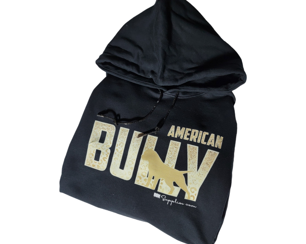 Hoodie - American Bully Silhouette - Faux Glitter Gold Leopard Print with Black Rhinestone Draw String