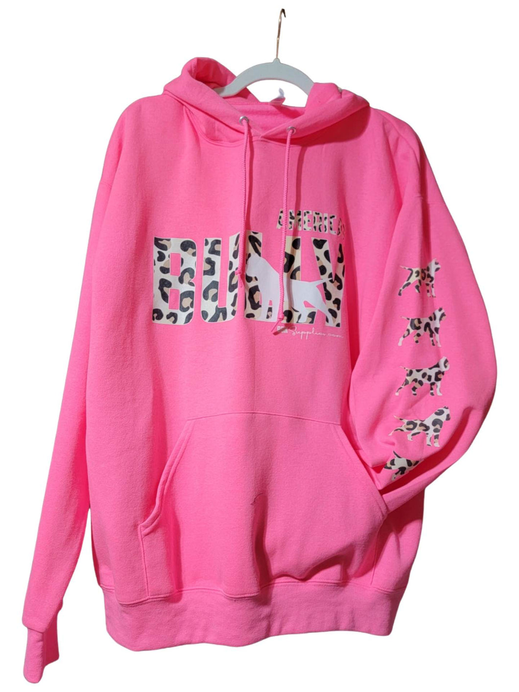 Hoodie: American Bully Silhouette - Leopard with Bully Silhouette Arms - Hot Pink