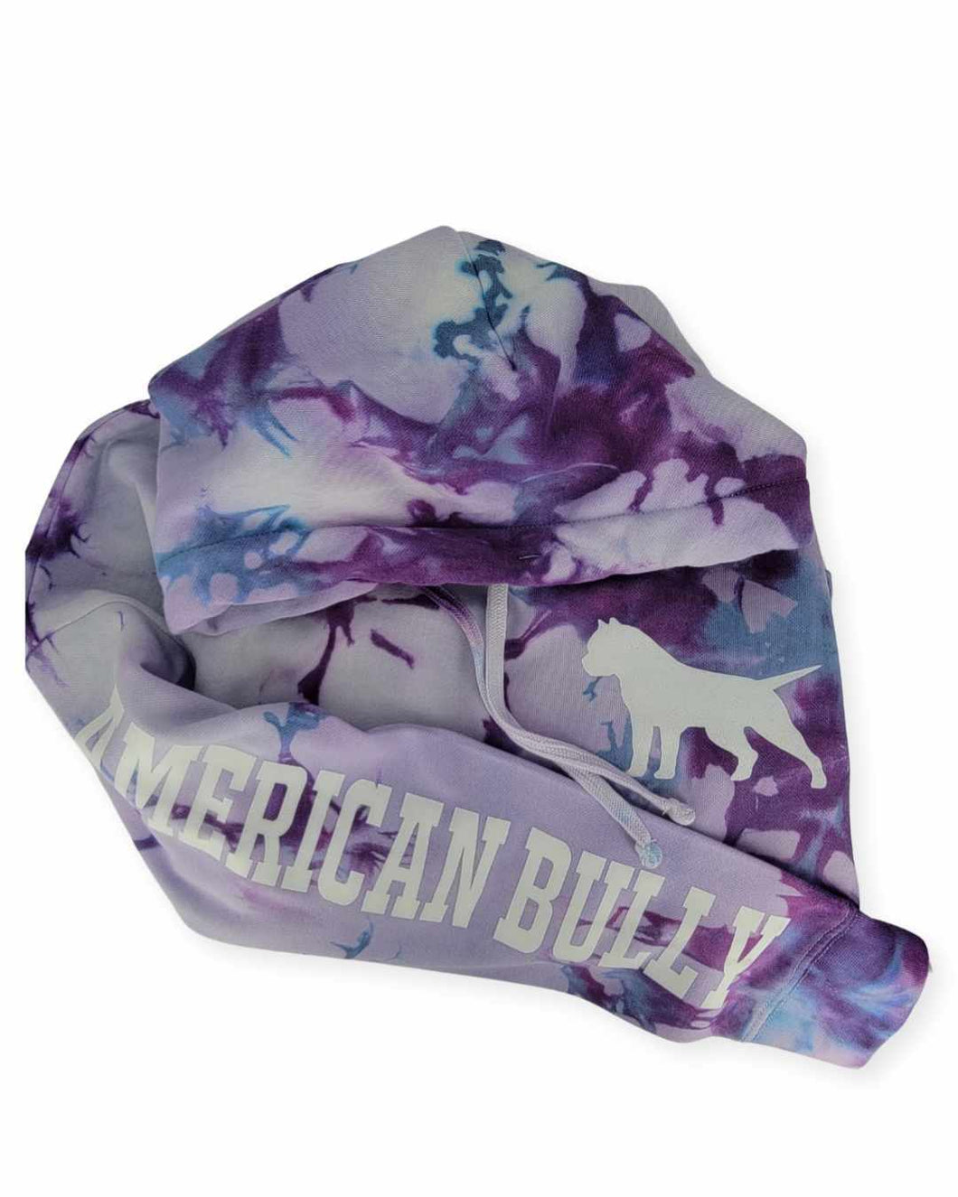 Hoodie: tie dye Purple and Blue with Small Bully Silhouette and American Bully Sleeve