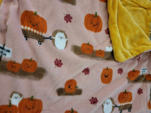 Load image into Gallery viewer, Kennel or Cott Blankets (multiple sizes) - Pumpkin Patch Friends on Pink Anti Pill Plush Fleece Fabric by POP with Minky Mustard Fleece Reverse Side
