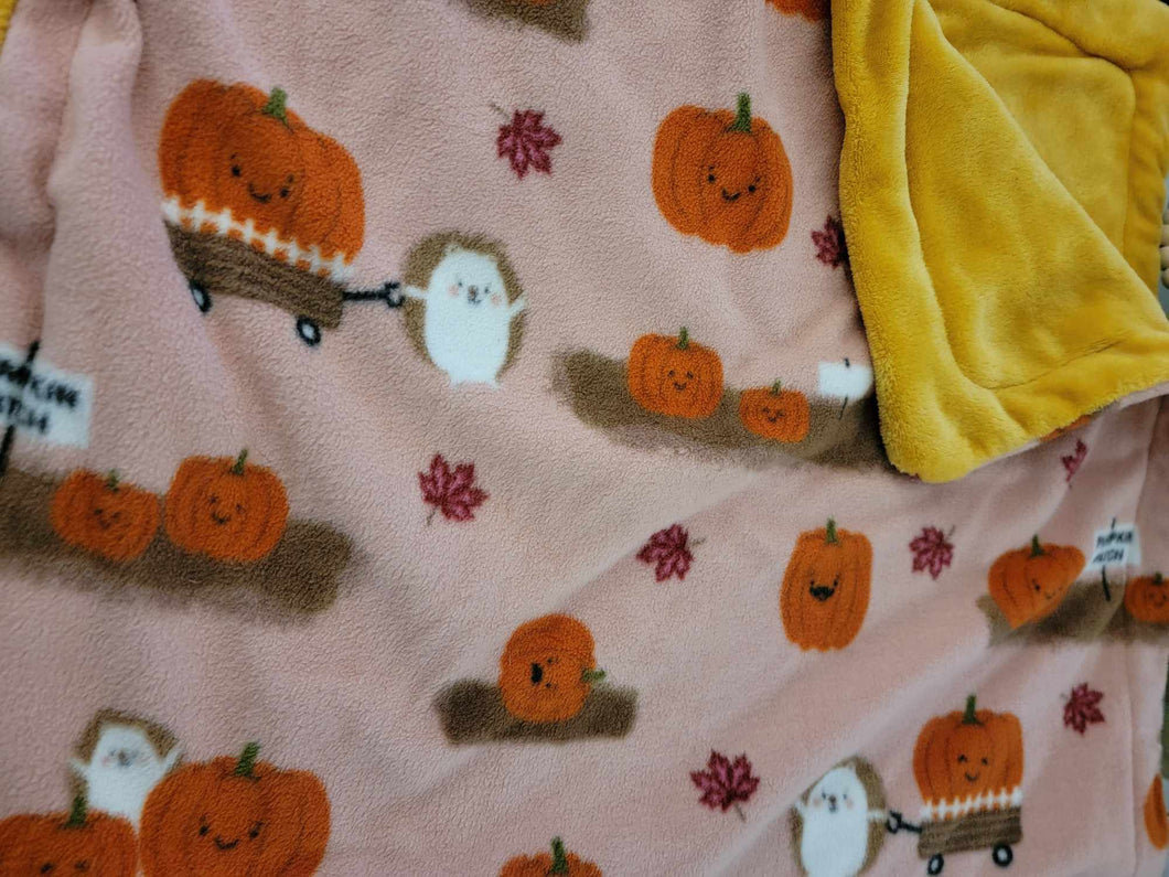 Kennel or Cott Blankets (multiple sizes) - Pumpkin Patch Friends on Pink Anti Pill Plush Fleece Fabric by POP with Minky Mustard Fleece Reverse Side