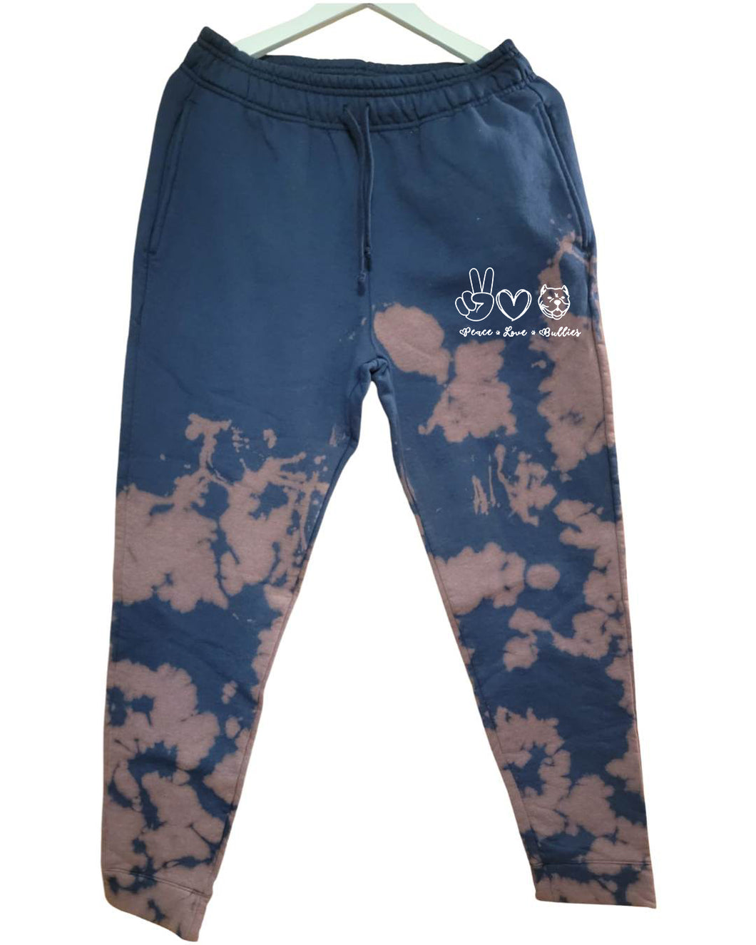 PANTS: Navy Blue Bleached Tie Dyed With Peach Love Bullies Logo