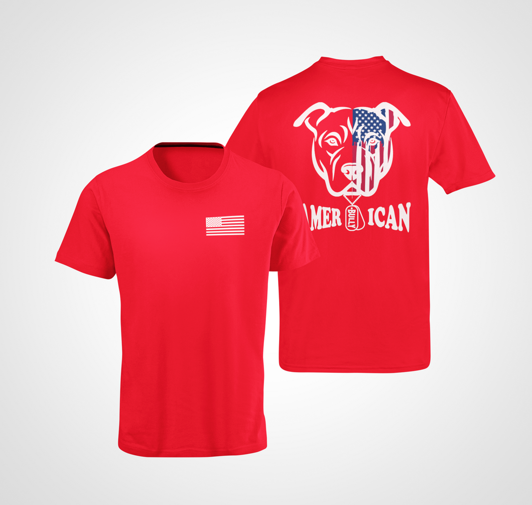 T-Shirt : Large Back Print - Red White Blue Face American Bully & Flag Front