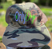Load image into Gallery viewer, Camouflage embroidered Only Dogs cap with neon green lettering
