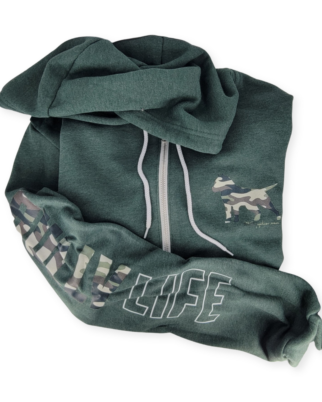 Zipper Hoodie: Green and Camo Silhoutte Bully with Bully Life Arm