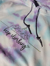 Load image into Gallery viewer, HOODIE: Keep Climbing, you can fo hard things Purple and Blue Tie dye with Rhinestone draw string
