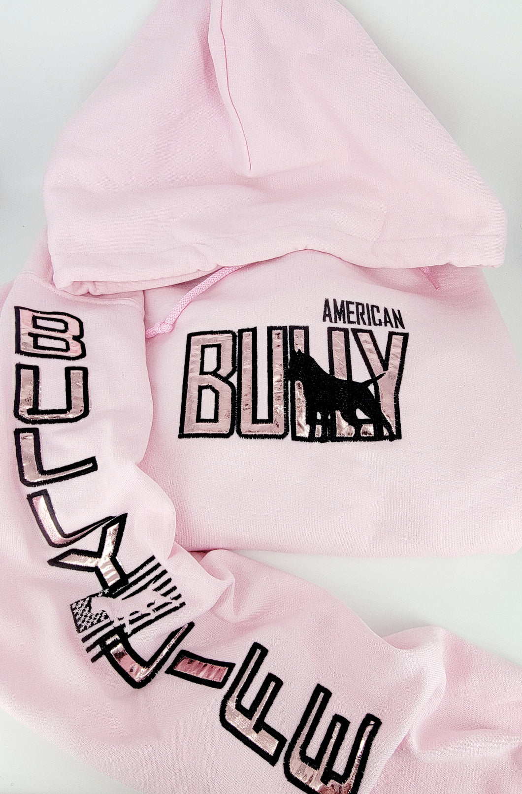 Hoodie: Pink Hoody American Bully Silhouette Center Logo with Bully Life Arm (Rose Gold)