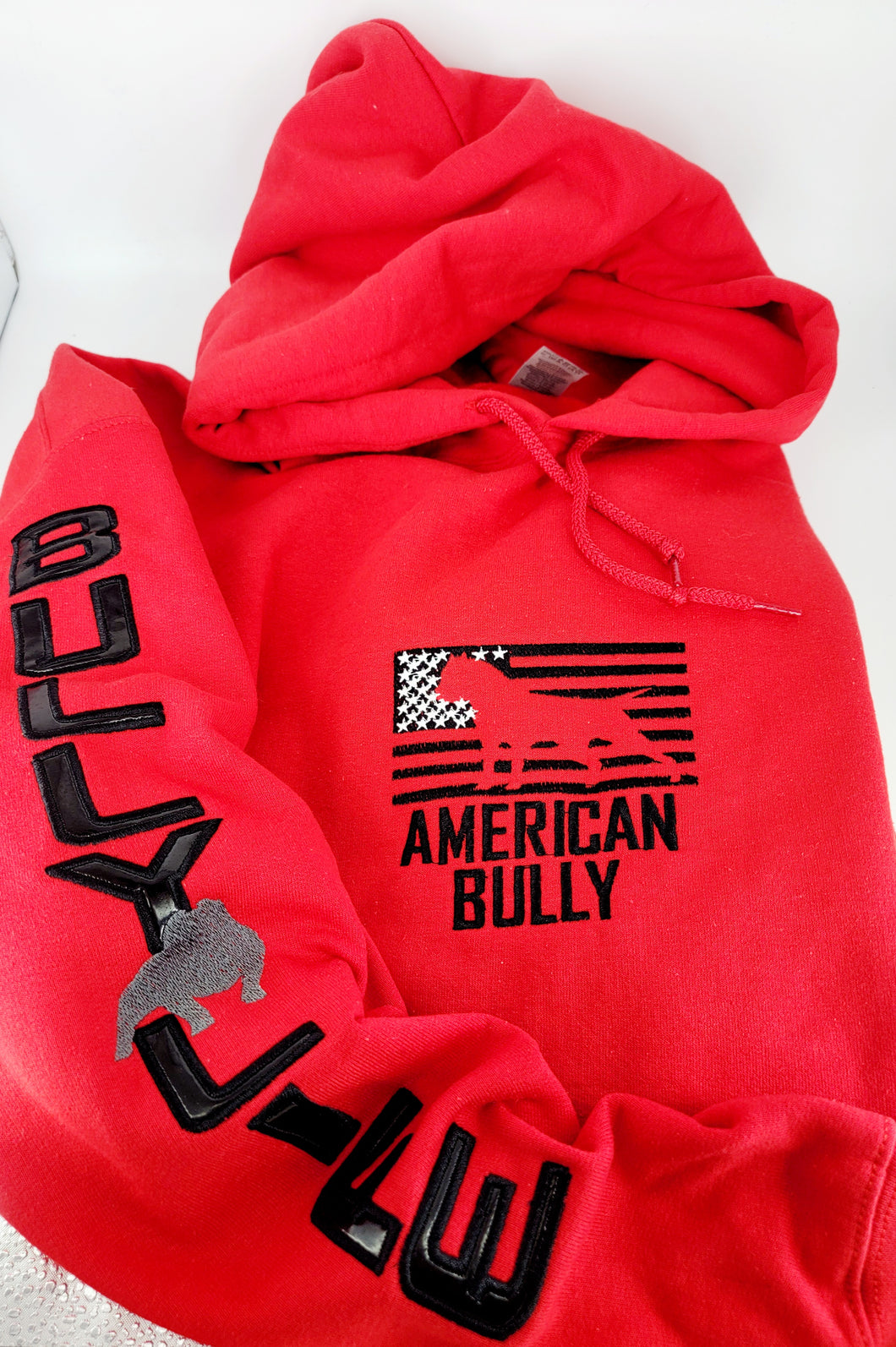 Hoodie: American Bully Flag with Bully Life Arm (Black & Grey Stitching with Black Arm SOLID COLOR Fill)