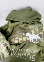 Load image into Gallery viewer, Hoodie: American Bully Silhouette Camo with Bully life arms
