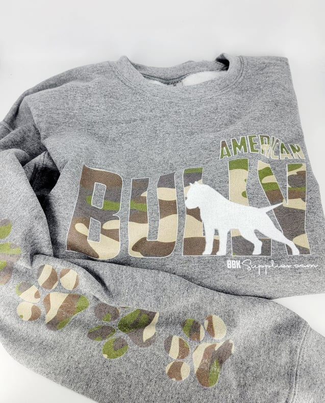 Sweatshirt: PRINTED American Bully Silhouette - Camo (Paw Print Arms)