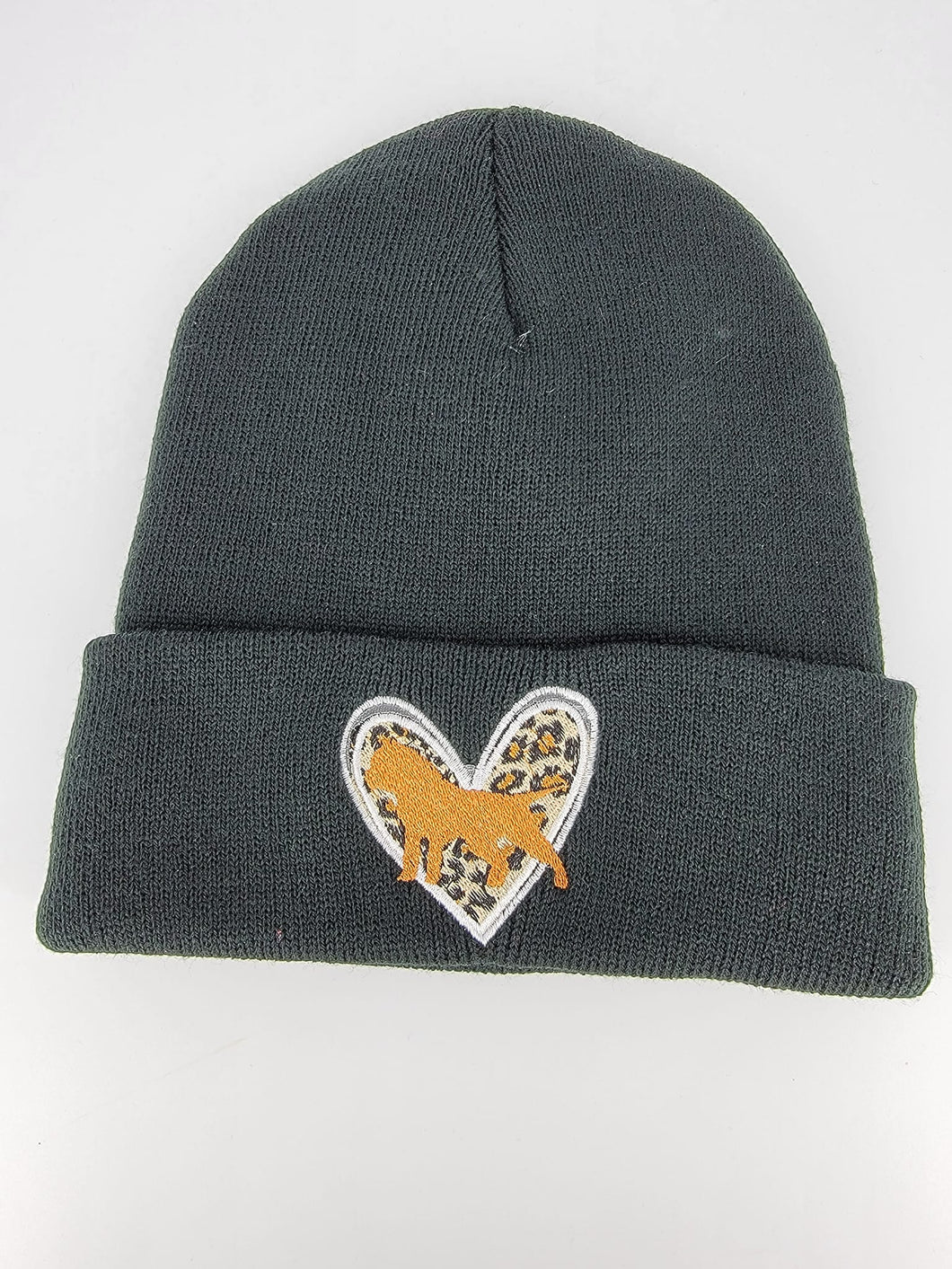 Hat: Beanie Fold Up: Leopard Heart American Bully Silhouette Bronze Gold - Black Hat