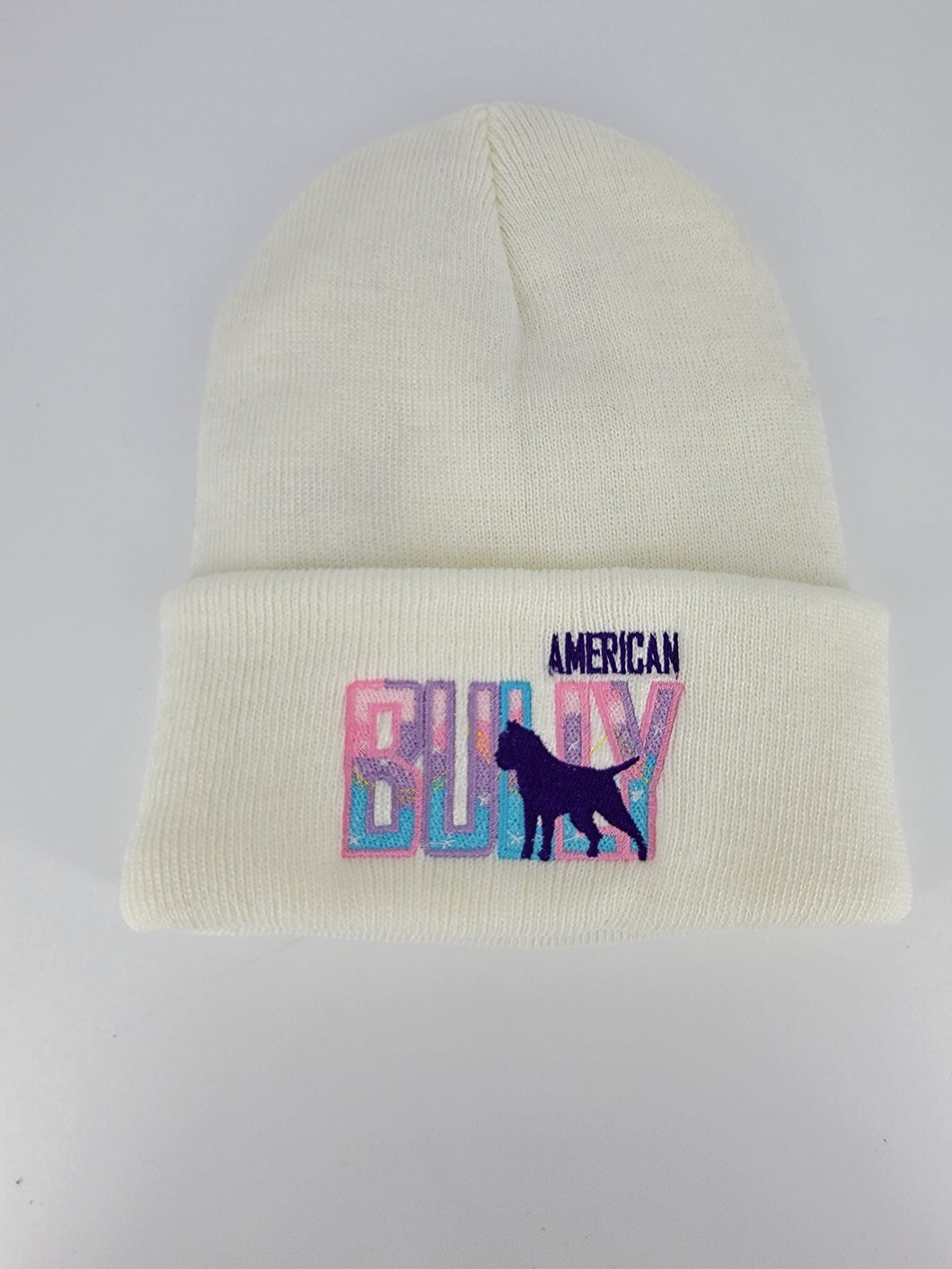 Hat: Beanie Fold Up: American Bully Silhouette Rainbow - White Hat