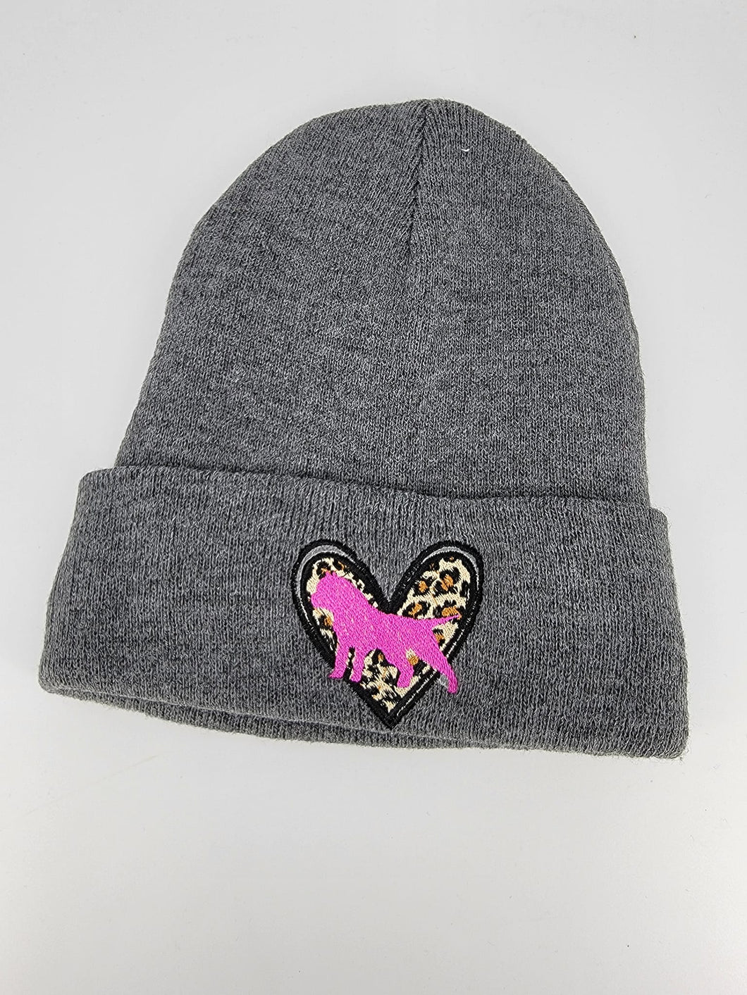 Hat: Beanie Fold Up: Leopard Heart & Hot Pink Bully Logo