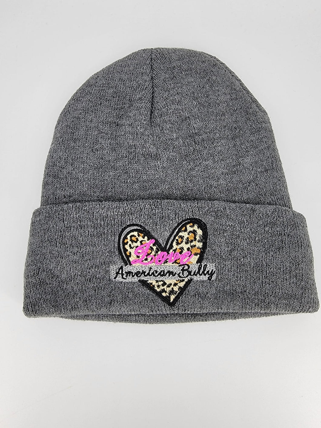 Hat: Beanie Fold Up: Leopard Heart American Bully Love - Grey Hat