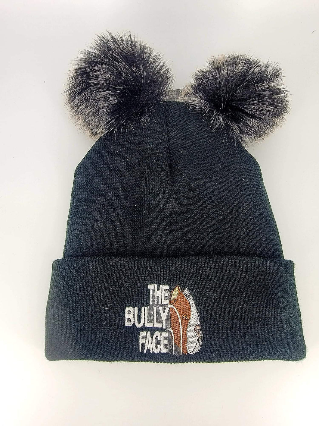 Hat - Bully Face Winter Hat (Black with Tan Tips Pom Poms)