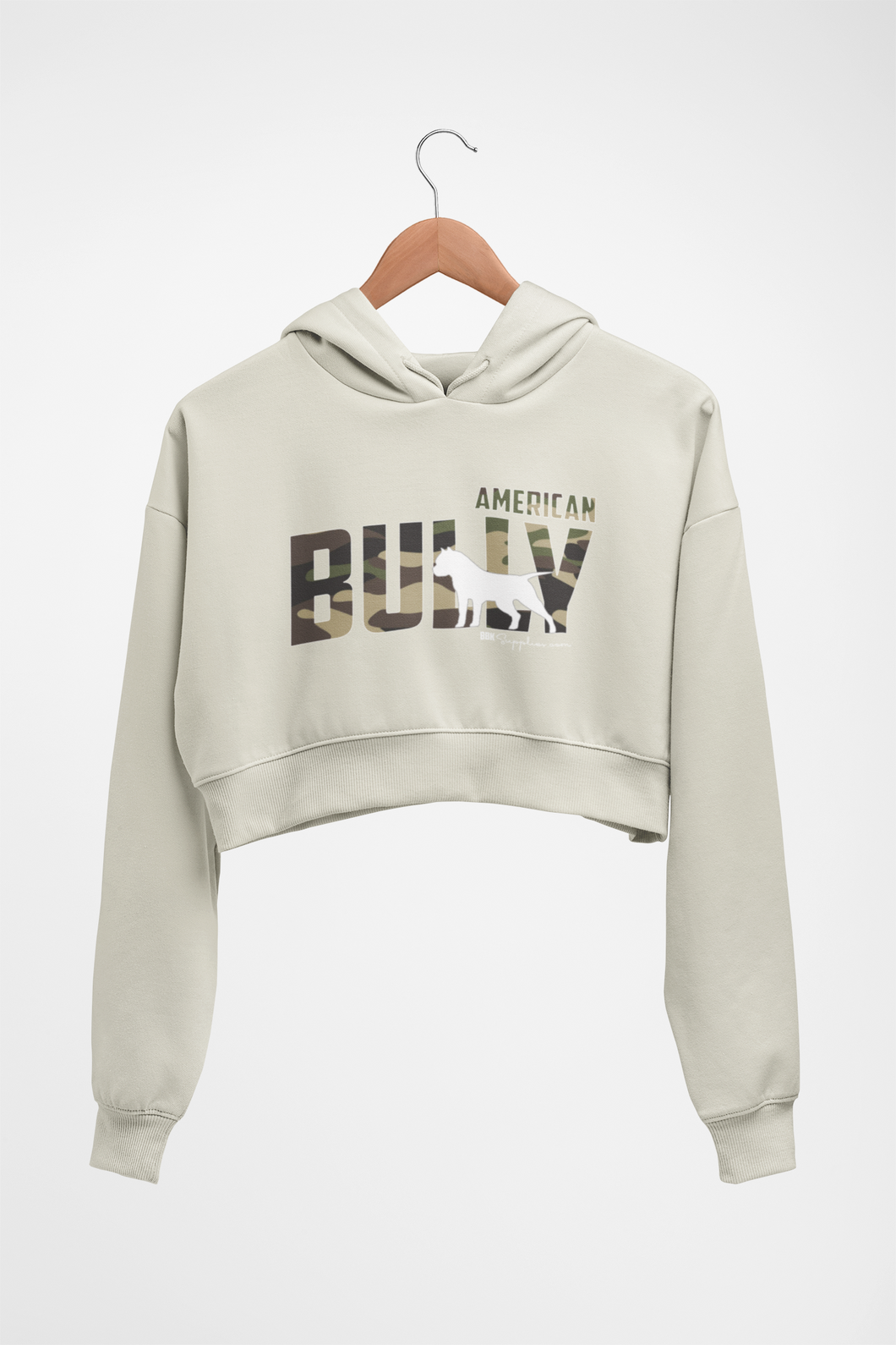 Cropped Hoodie: PRINTED American Bully Silhouette - Camo (No Arms)