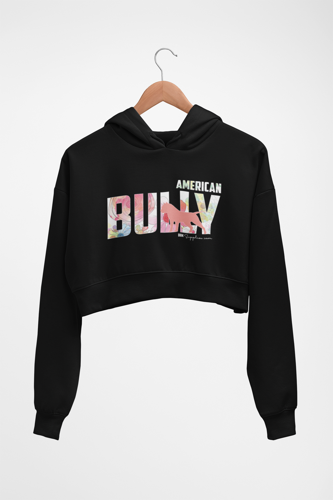 Cropped Hoodie: PRINTED American Bully Silhouette - Floral (NO Arms)